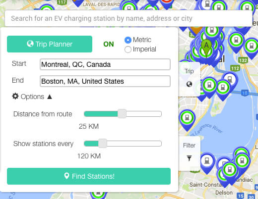 Screenshot of the ChargeHub Trip planner sidebar