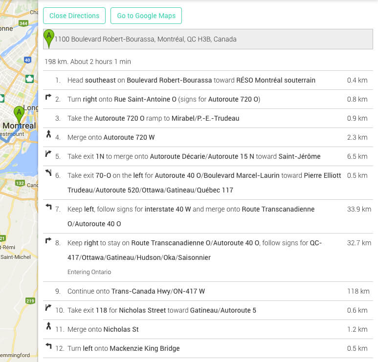 Screenshot of the ChargeHub Trip planner step-by-step directions sidebar 